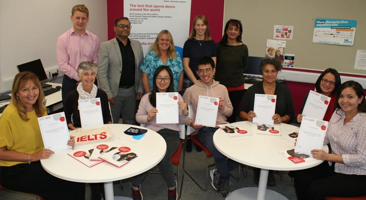 (Back) Zia Nazar, SERC International Development Manager, Claire Henderson, SERC Head of Quality Excellence and Development, Sue Davies, IELTS Stakeholder Relations Officer, Andrew Megarry, SERC International Development Manager, Leila Tehrani, British Council Teacher Trainer presents the IELTS Teacher Trainers with Certificates of Completion at the College’s Lisburn Campus.